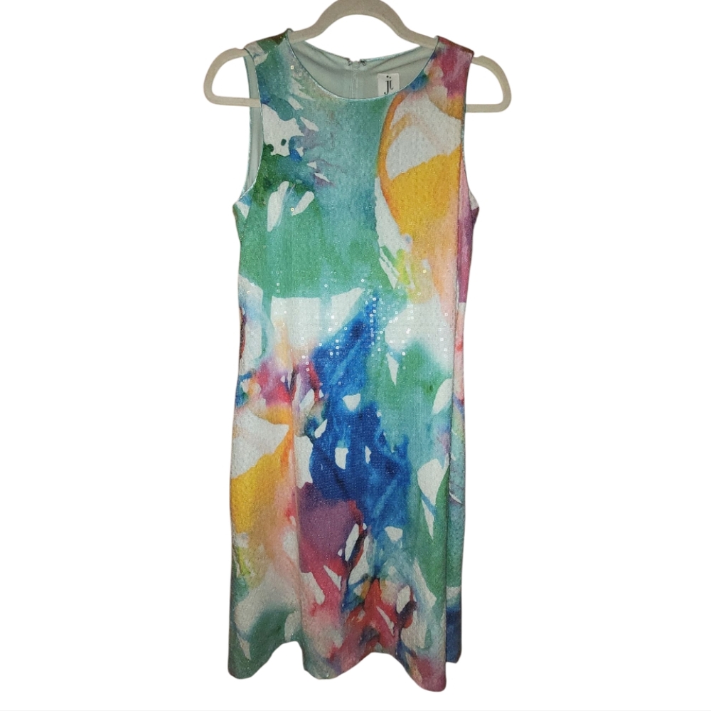 Julia Jordan Colorful Sequin Watercolor Cocktail Shift Dress - Picture 3 of 12